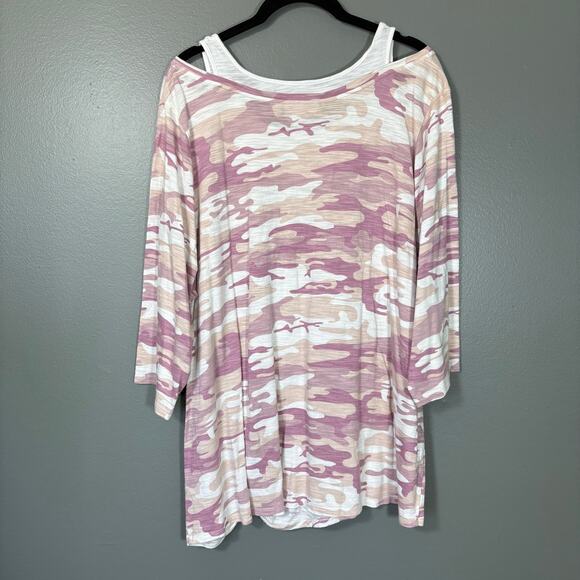 Belle Kim Gravel Pink Camo Relaxed 3/4 Length Sleeve Top - 2X - Womens Plus Size - Picture 6 of 6